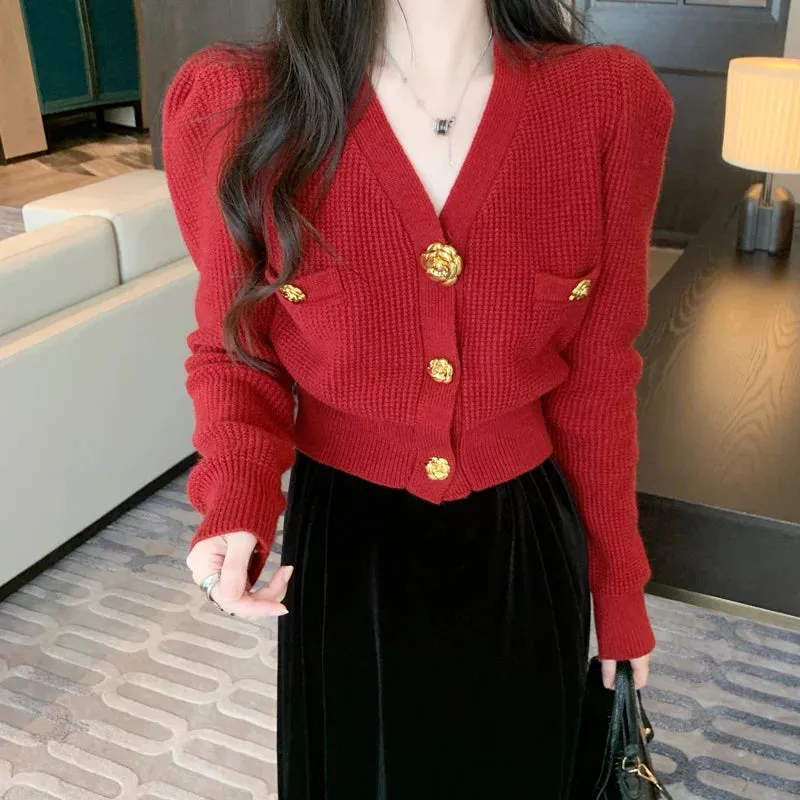 Wenkouban-Christmas Thanksgiving outfits_V-Neck Long Sleeved Cardigan Jacket Warm Black Red Christmas Sweater