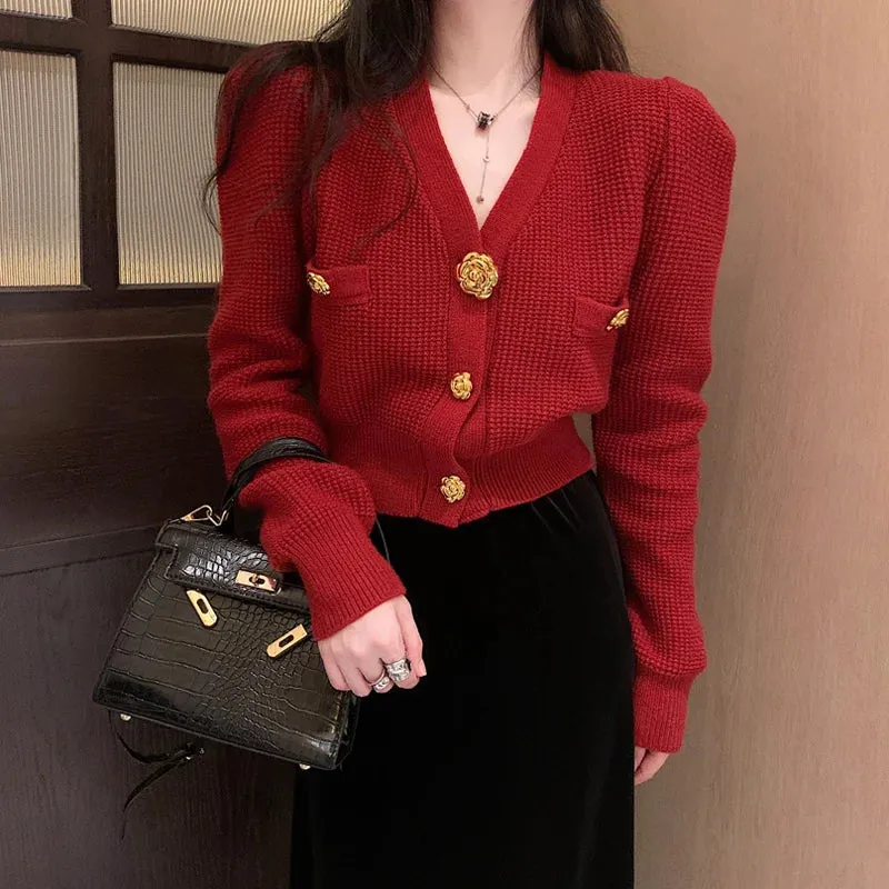 Wenkouban-Christmas Thanksgiving outfits_V-Neck Long Sleeved Cardigan Jacket Warm Black Red Christmas Sweater