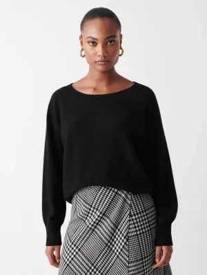 White   Warren - Cashmere Off Shoulder Rib Trim Crewneck in Black