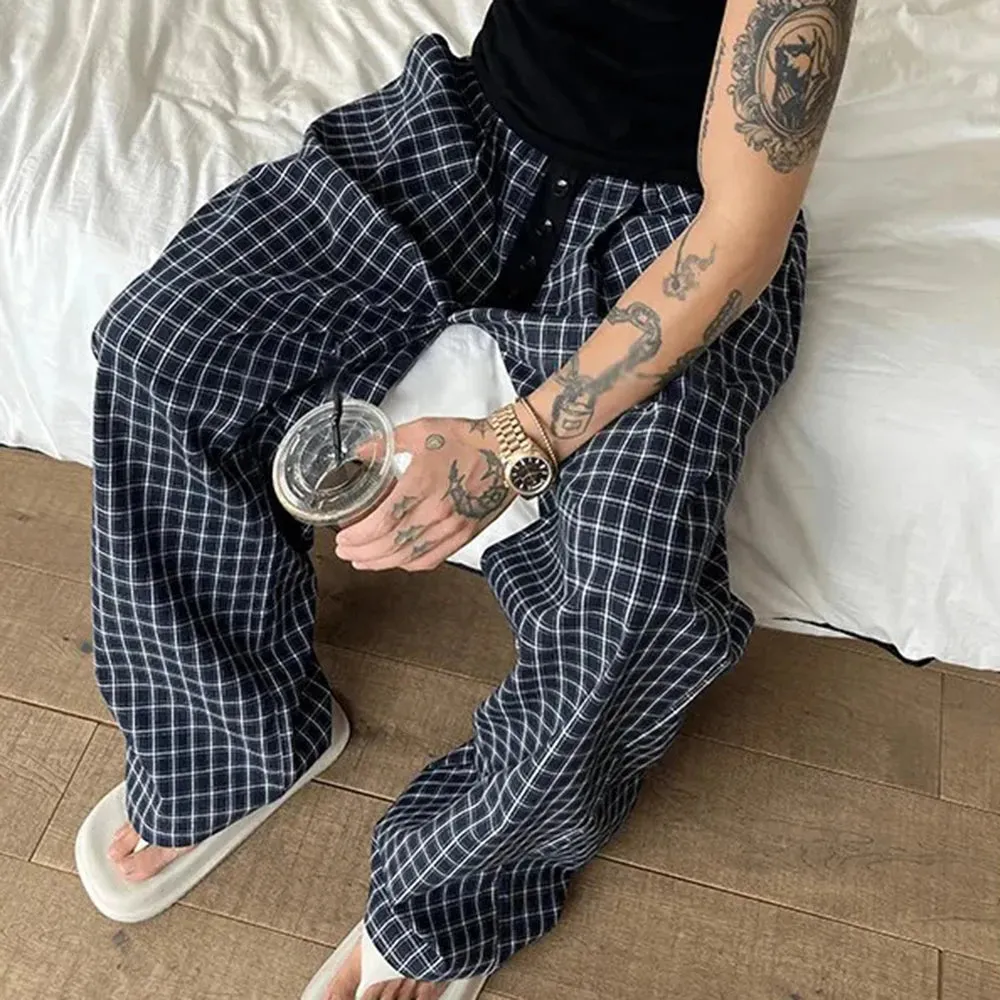 WIAOFELLAS  -  Mens Ins Trendy Checkered Restaurant Kitchen Chef Pants Autumn Hawaiian Casual Vintage Button Placket Pants Unisex Clothing