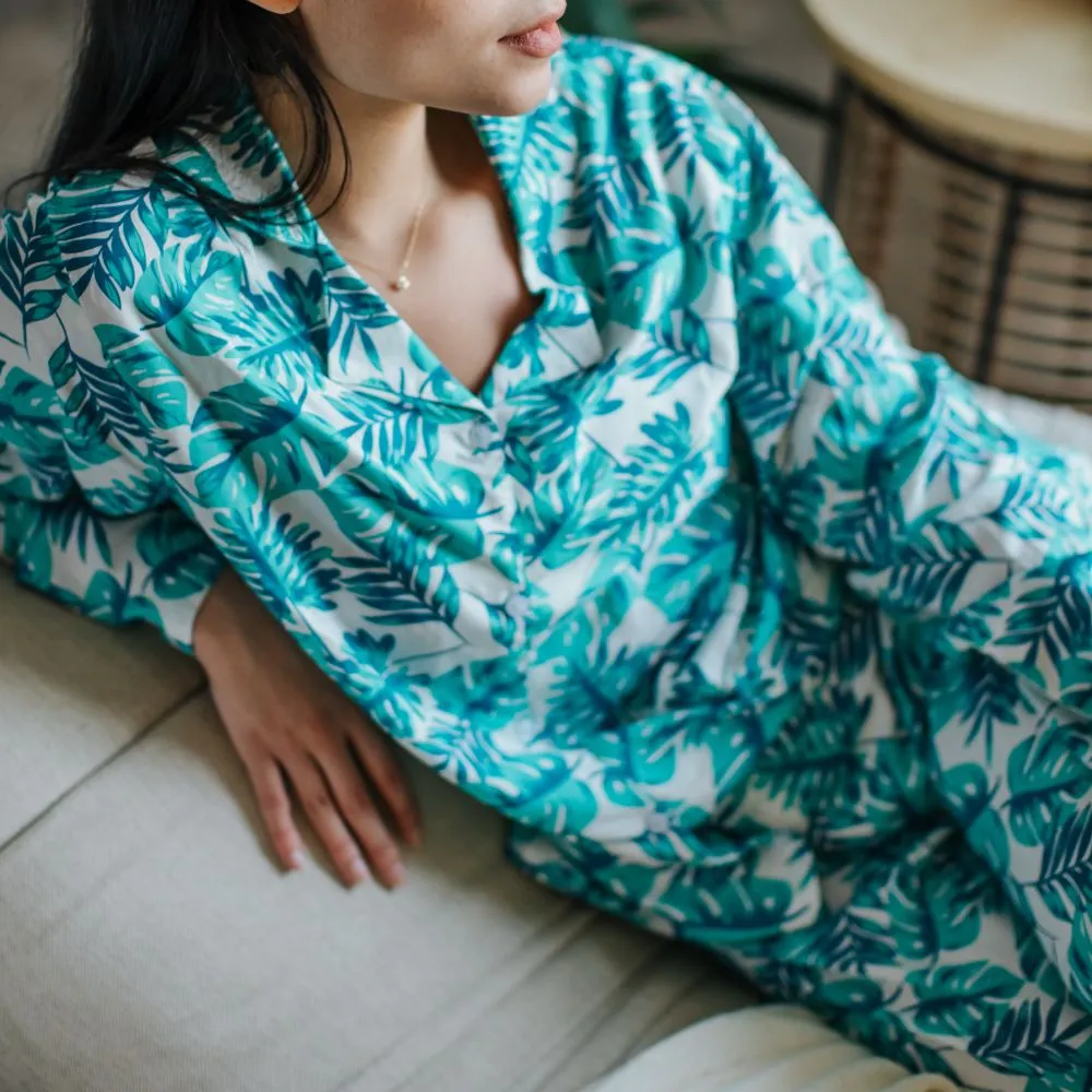 Women summer pajama set Turquoise Leaves buttoned shirt   Pants