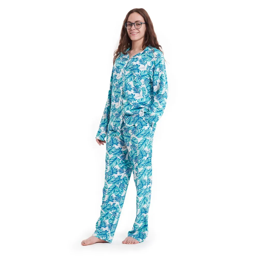 Women summer pajama set Turquoise Leaves buttoned shirt   Pants