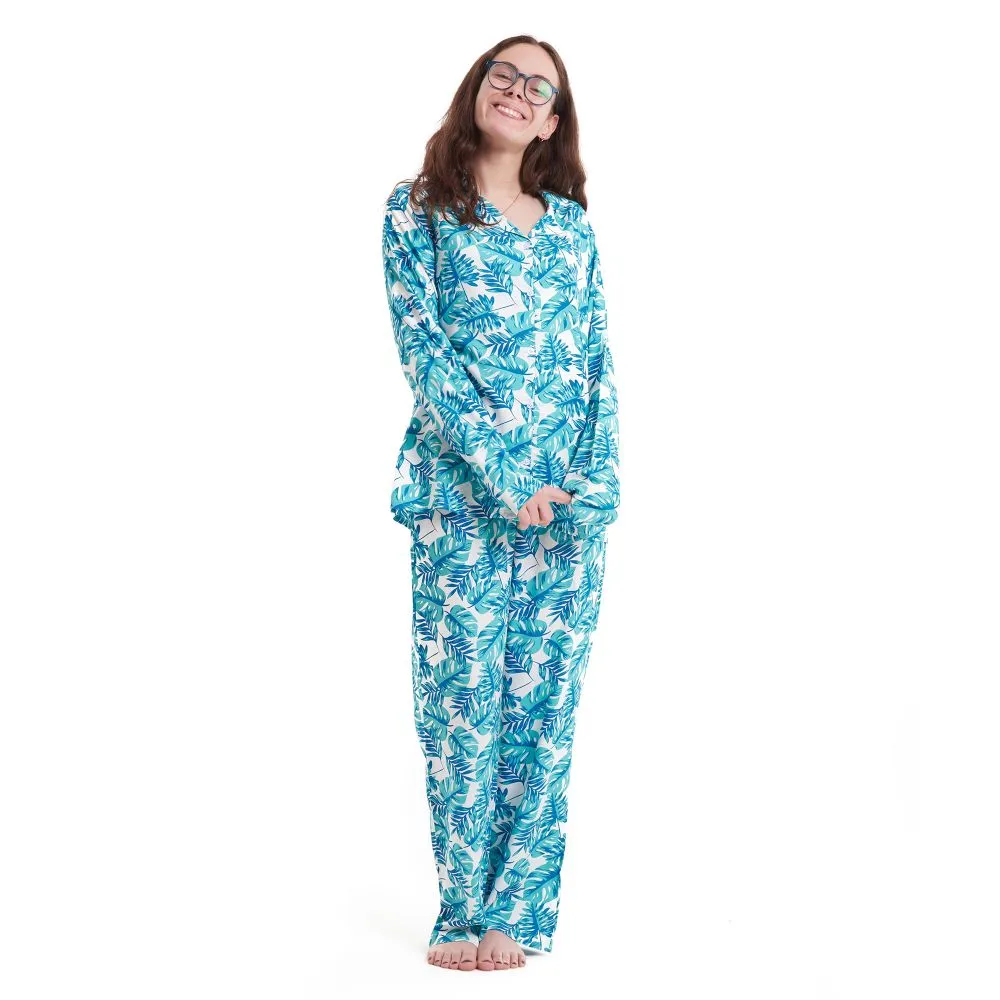 Women summer pajama set Turquoise Leaves buttoned shirt   Pants