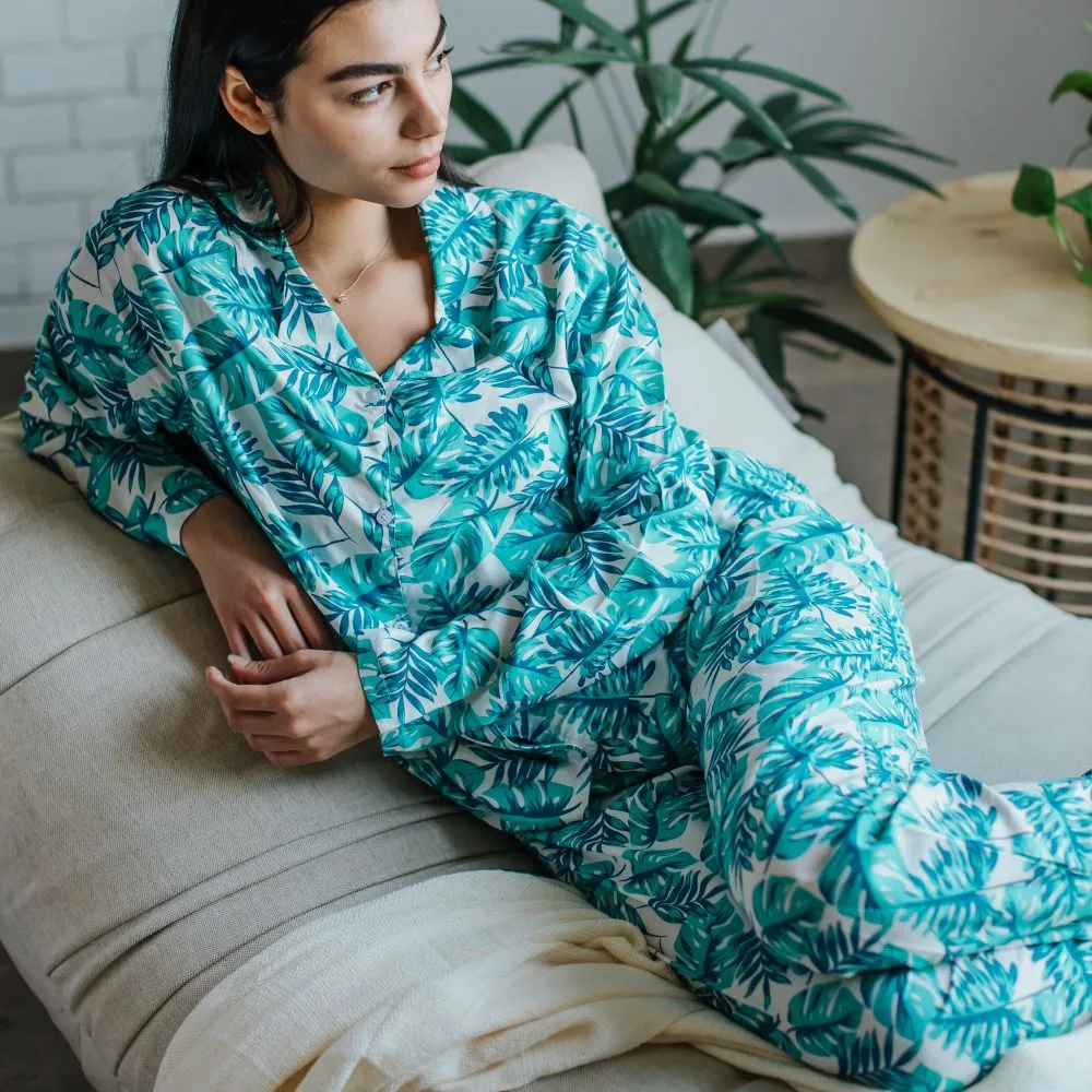 Women summer pajama set Turquoise Leaves buttoned shirt   Pants