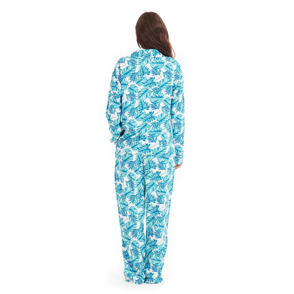 Women summer pajama set Turquoise Leaves buttoned shirt   Pants