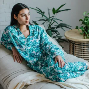 Women summer pajama set Turquoise Leaves buttoned shirt   Pants