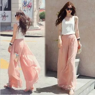 Women Wide Leg Chiffon High Waist Long Pants Trendy Loose Short Culottes