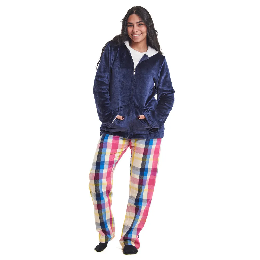 Women Winter Pajama 3 PCS Set Dark Blue Sweatshirt  Off-white top  Dark Blue x Fuchsia Checkered Pants