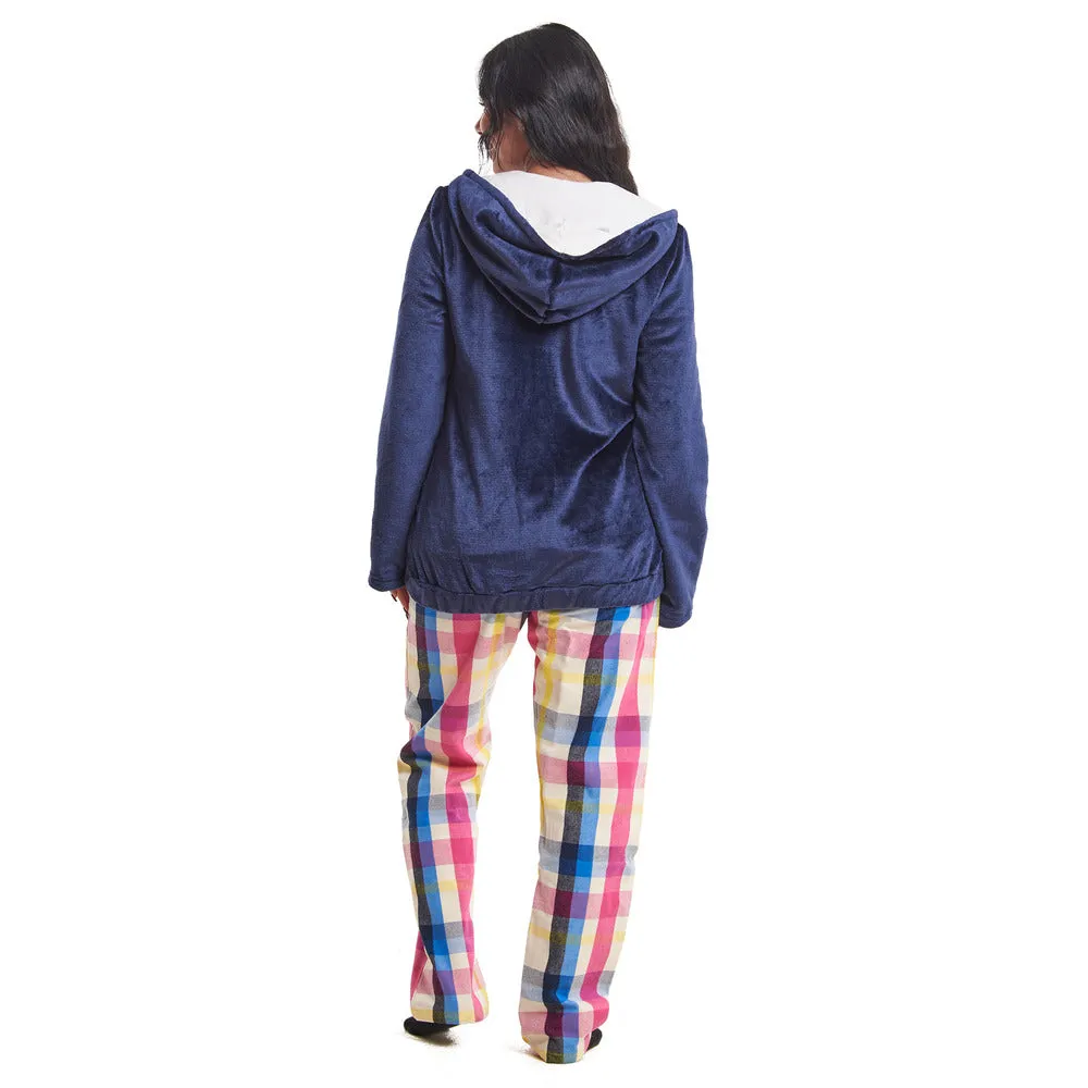 Women Winter Pajama 3 PCS Set Dark Blue Sweatshirt  Off-white top  Dark Blue x Fuchsia Checkered Pants