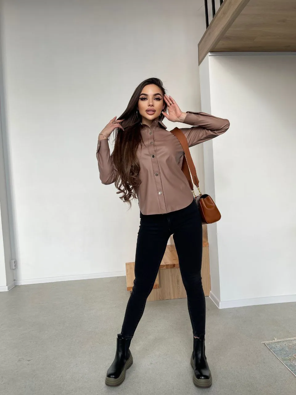 Women's Brown Eco Leather Shirt Stylish Women Clothing