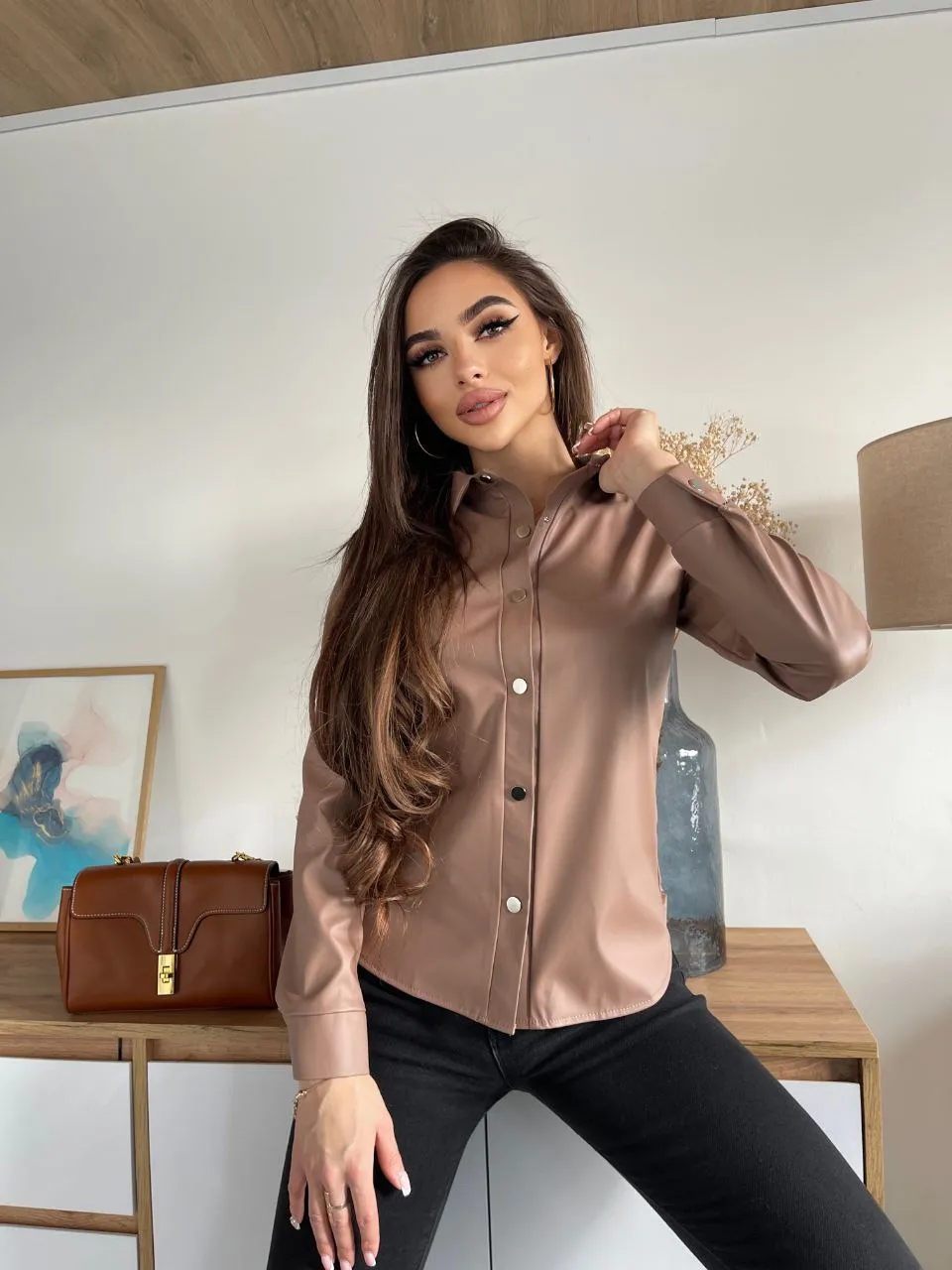 Women's Brown Eco Leather Shirt Stylish Women Clothing