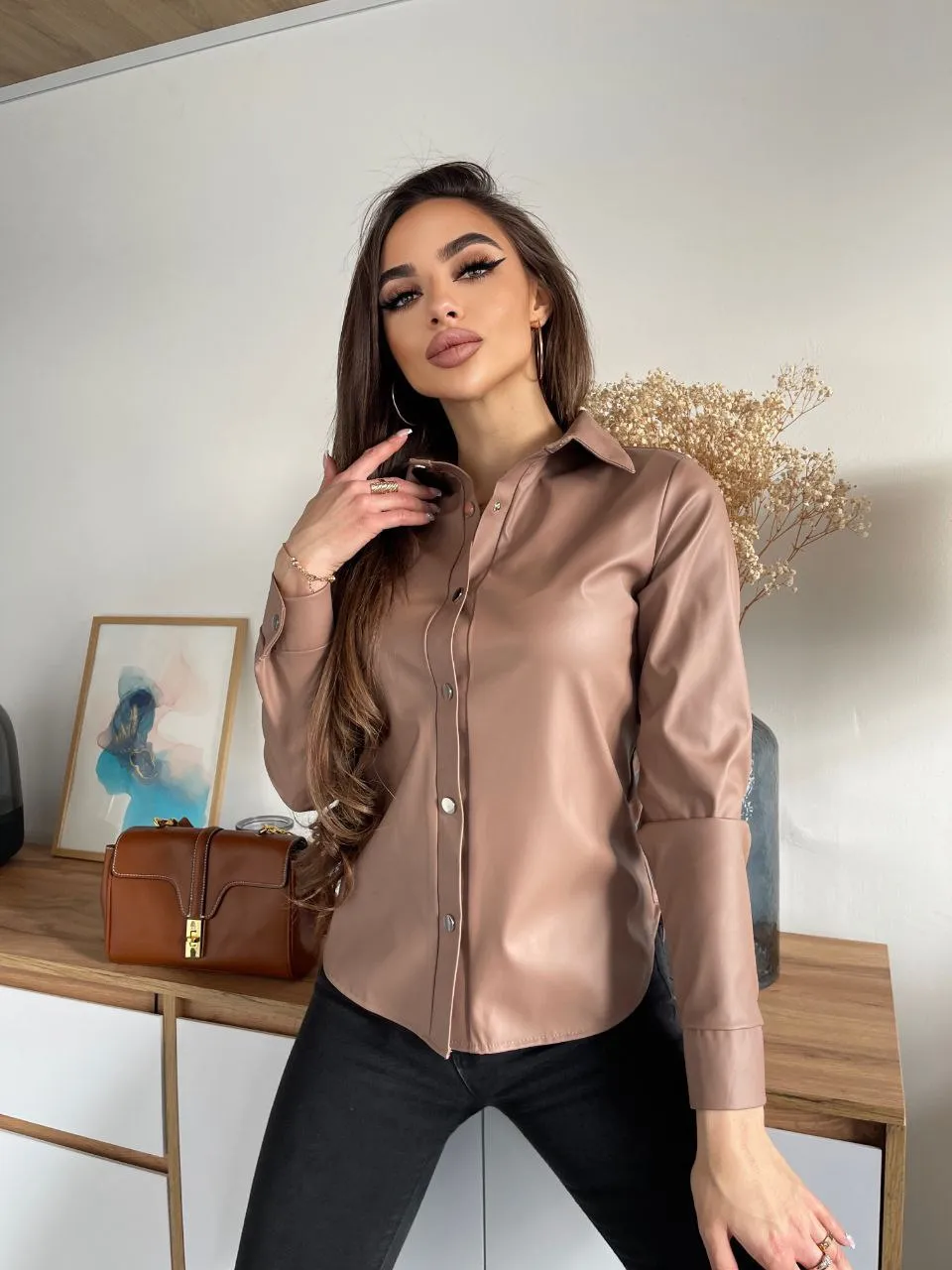 Women's Brown Eco Leather Shirt Stylish Women Clothing